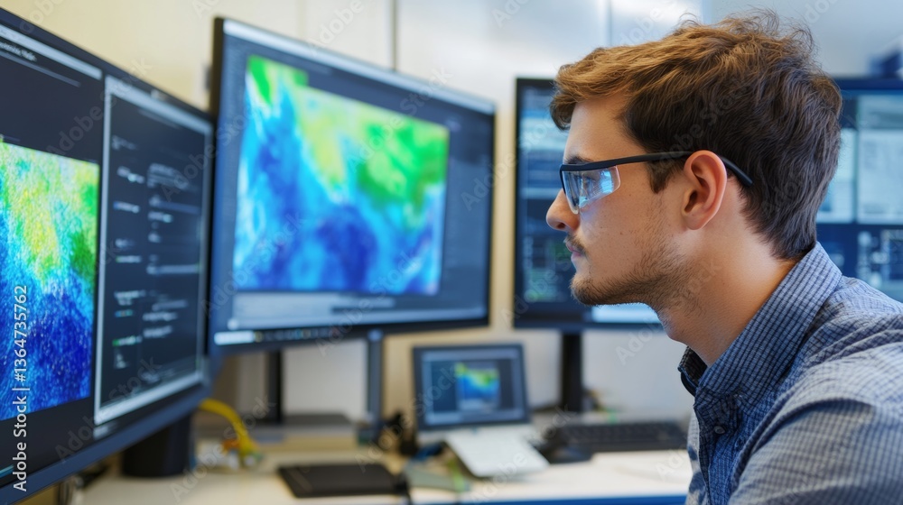 A climate scientist using AI to model ocean currents for climate predictions, high-tech environmental research lab with ocean simulation software running on multiple monitors, Scientific style A climate scientist using AI to model ocean currents for climate predictions, high-tech environmental research lab with ocean simulation software running on multiple monitors, Scientific style