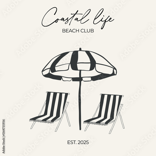 Sun loungers and beach umbrella vector whimsical illustration. Whimsy summer beach clip art composition. 