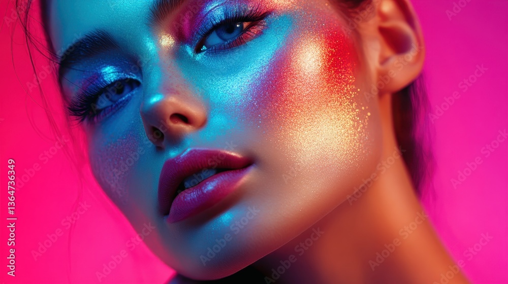 Radiant Portrait: Captivating close-up of a woman's face, drenched in vibrant, multi-colored makeup under dramatic lighting, creating a visually stunning and artistic display. Radiant Portrait: Captivating close-up of a woman's face, drenched in vibrant, multi-colored makeup under dramatic lighting, creating a visually stunning and artistic display.