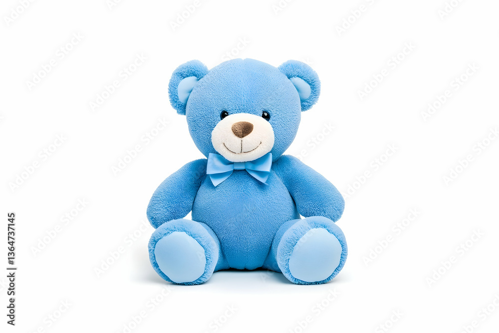 Fototapeta premium A light blue plush teddy bear toy sits against a white background, wearing a small bow tie