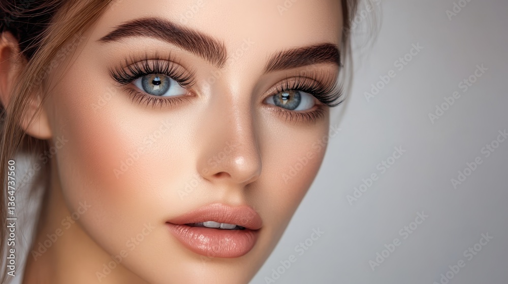 Fototapeta premium Radiant Beauty: A close-up portrait of a woman showcasing perfect skin, captivating eyes, and meticulously done makeup, reflecting modern beauty standards.