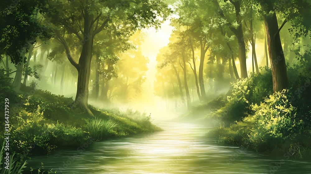 Fototapeta premium Sunlit Forest Stream with Misty Path.