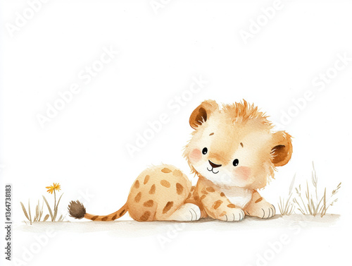 Cute cartoon lion cub lying on ground, showcasing its playful nature with soft expression. illustration features light colors and simple background, evoking sense of joy and innocence