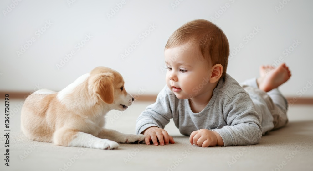 Caucasian baby and puppy interaction on carpet: cute, curious, playful moment Caucasian baby and puppy interaction on carpet: cute, curious, playful moment