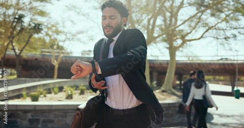 Outdoor, businessman and hurry with watch for time, morning commute and late for justice meeting. Clock, male lawyer and travel in rush for case schedule, urgent deadline and running to workplace