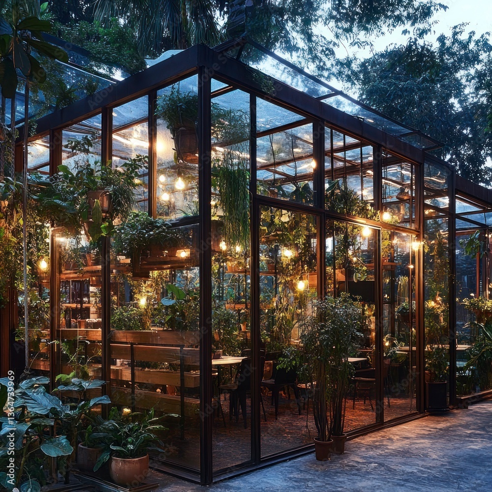 Fototapeta premium Glass-enclosed jungle cafe at dusk