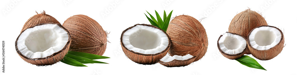 Set of Fresh Coconuts with Exposed Flesh and Green Leaves for Tropical Delights on transparent background , png , cutout Set of Fresh Coconuts with Exposed Flesh and Green Leaves for Tropical Delights on transparent background , png , cutout