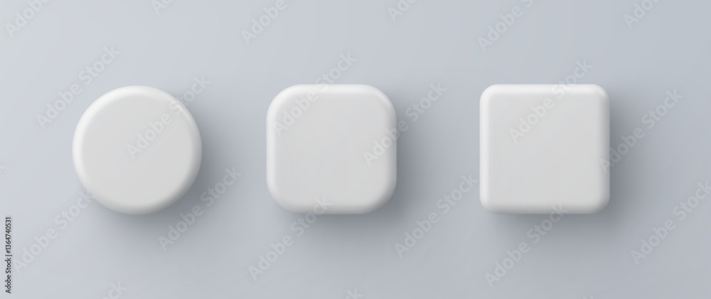 3d vector white plastic square and round button on gray background. Realistic minimal icon with shadow.