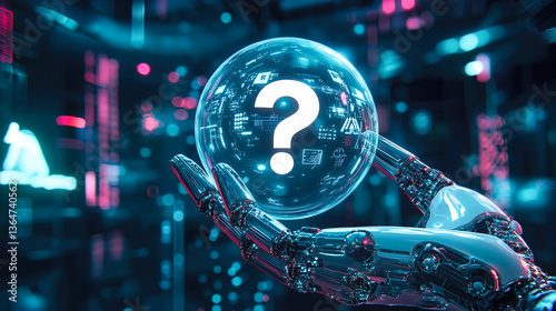 A robot hand holds a glowing question mark. The concept symbolizes curiosity, artificial intelligence, and the quest for answers in the digital age. Generative AI.