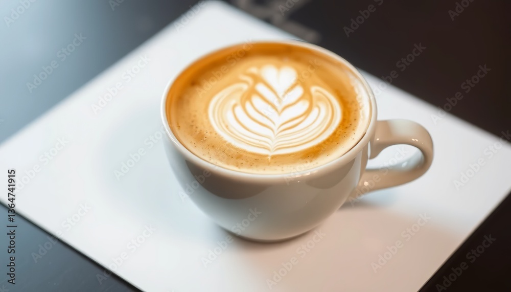 A warm, inviting cup of latte art, a delicate leaf design swirling atop rich, creamy foam in a simple white mug, soft light enhancing its beauty. A warm, inviting cup of latte art, a delicate leaf design swirling atop rich, creamy foam in a simple white mug, soft light enhancing its beauty.