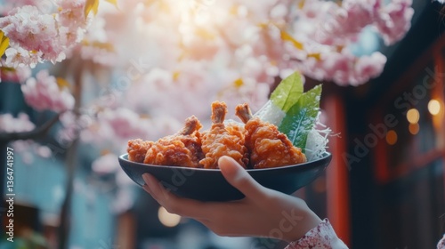 Karaage fried chicken food on asian woman hand in Japan sakura blossom festival Japanese street food concept