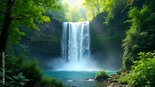 Waterfall and lush greenery border frame with copy space for World Environment Day nature preservation concept as Waterfall and lush greenery creating a border with copy space for nature preservation 