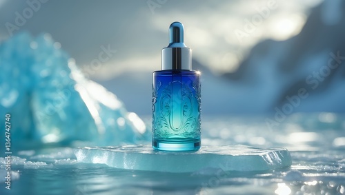 Blue serum bottle with dropper on ice. Glacier backdrop