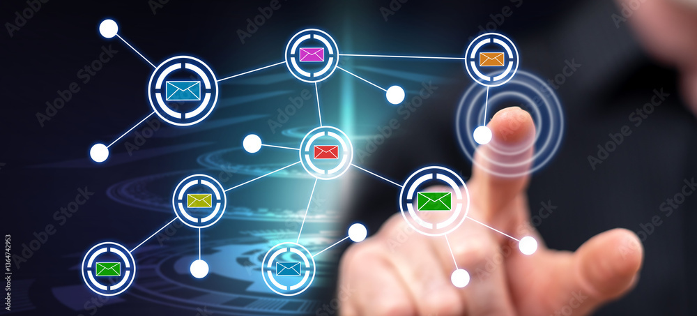 Man touching a communication network Man touching a communication network