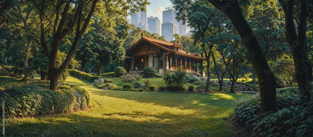 Obraz premium Traditional East Asian Pavilion in Urban Park