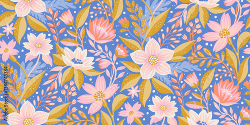A seamless floral pattern with delicate pink and white flowers, golden leaves, and a soft blue background. A perfect design for textiles, packaging, wallpapers, fabric prints, stationery, gift wrap.