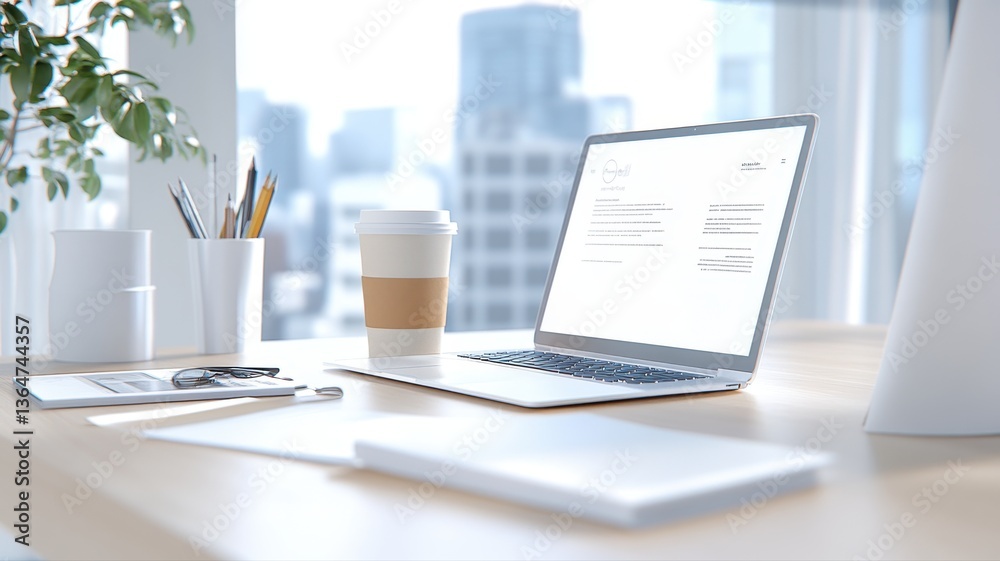 Naklejka premium Modern workspace with laptop, coffee, and stationery by a window, creating a professional and productive atmosphere.