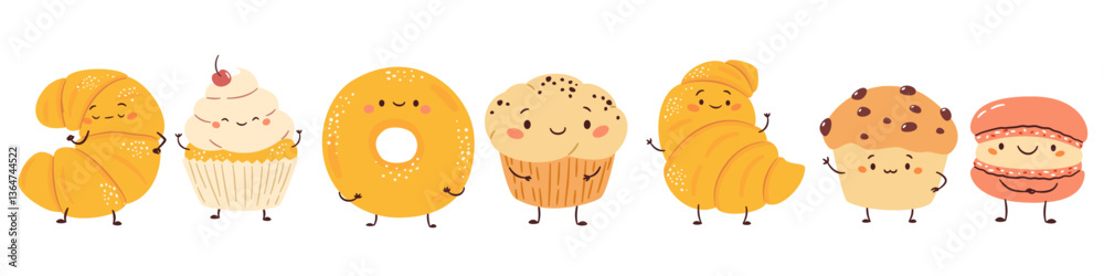 Vector set of cute illustrations in a simple childish style. Cute food with muzzles hands and feet. Croissants buns cakes and cupcakes. Vector illustration