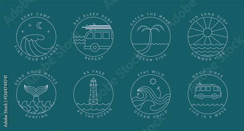 Line abstract surf camp, quotes round badges. Simple vector illustrations about surfing, ocean, vanlife, tropic life for t short, merch
