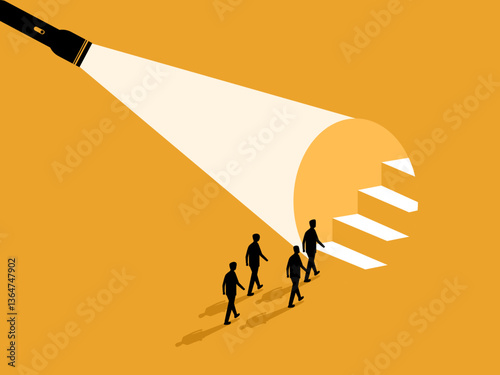 Revealing the path forward, team of businessmen walk along a flashlight to reveal the stairs