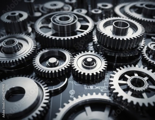 Stakeholders framework concept. A collection of metallic gears arranged intricately, showcasing their teeth and rotational mechanisms on a dark background.