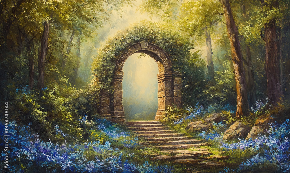 Obraz premium Enchanting Stone Archway Leading to a Mystical Forest with Vibrant Blue Flowers Landscape