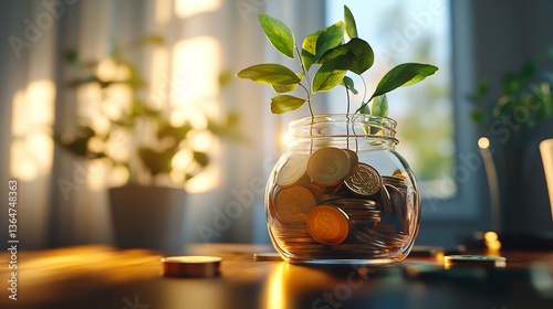 Wealth cultivation Glass piggy bank on a tree gold coins
 photo