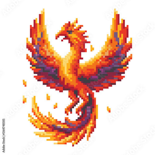 Pixel art fiery phoenix rising with vibrant flames and feathers.