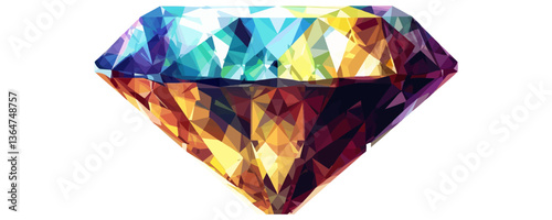 Colorful geometric faceted diamond with abstract triangular patterns.