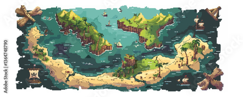 Pixel art pirate treasure map with islands, ships, and vintage aesthetic.