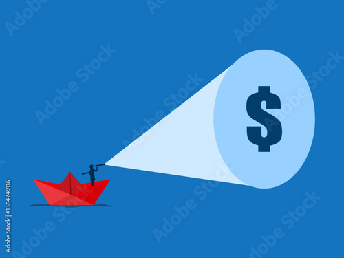 Businessman with binoculars sailing on paper boat finds money