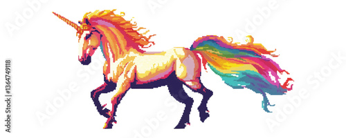 Colorful pixel art unicorn with vibrant rainbow mane and tail.