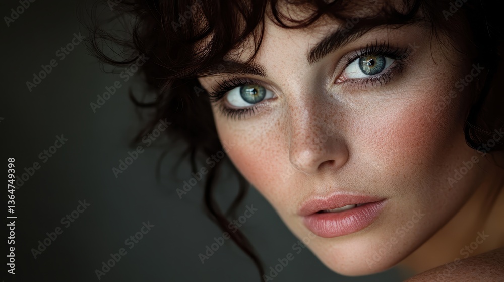 Fototapeta premium Intense Beauty: A stunning portrait of a woman with striking teal eyes and captivating freckles, her gaze draws the viewer in, offering a glimpse into her soul.