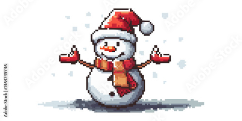 Pixel art snowman with santa hat and scarf balancing shoes in festive winter scene.