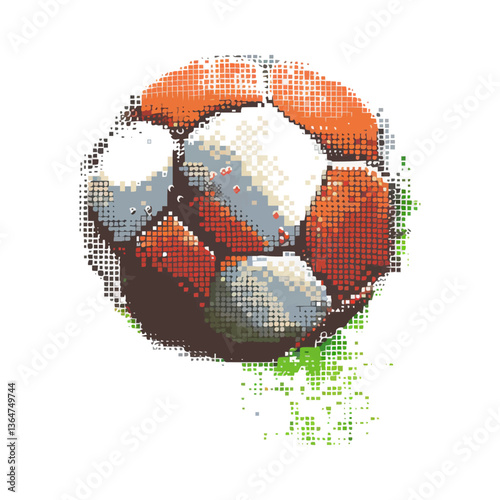 Pixelated soccer ball in motion with artistic abstract design.