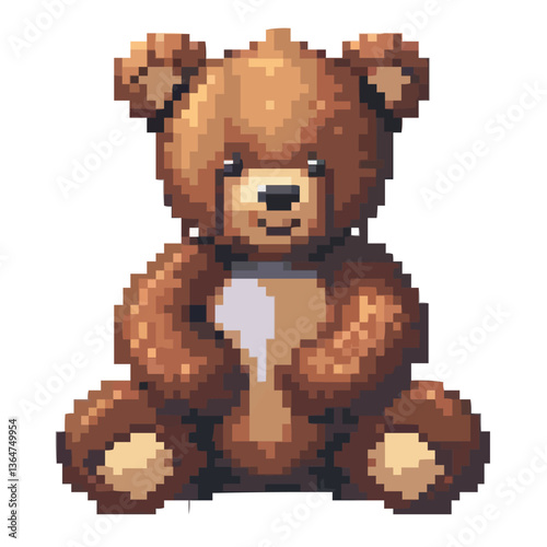 Cute pixel art teddy bear illustration on white background.