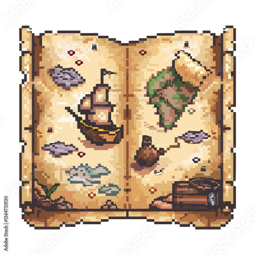 Vintage pixel art treasure map with ship, island, and compass rose.