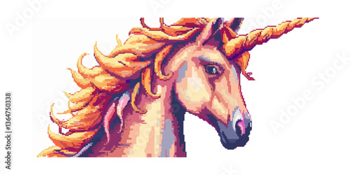 Vibrant retro pixel art of a mythical unicorn with flowing mane.