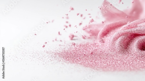 Pink sugar sprinkles cascading on a white surface, creating a delicate and sweet decoration for desserts.