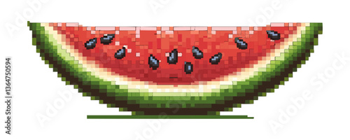 Pixel art watermelon slice with seeds and green rind on white background.