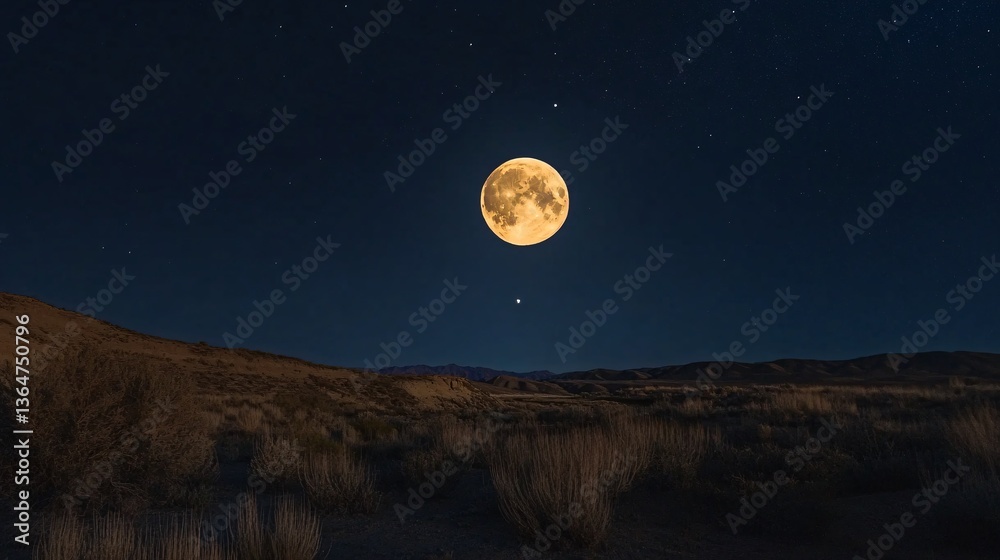 Fototapeta premium Desert night, full moon, starry sky, landscape, serenity