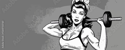 Strong female lifter: vintage black and white art of young caucasian woman with barbell.