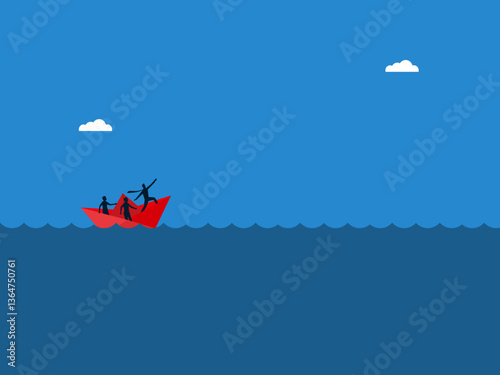 Businessman leader sails boat through the obstacles of the sea waves