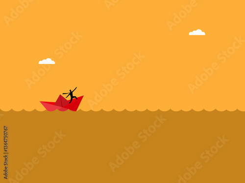 Businessman guides paper boat on the sea