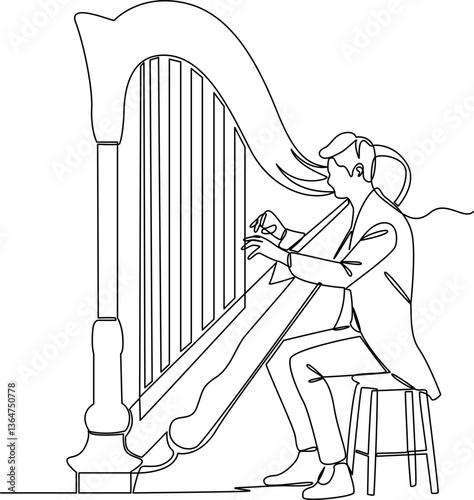 Harpist plucking strings one line art vector