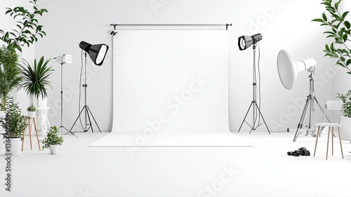 Professional photography studio setup with lighting equipment and houseplants for a natural ambiance.