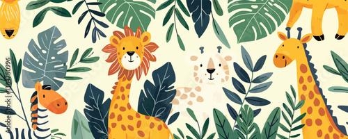 Colorful jungle animals amidst lush greenery.