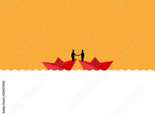 Merger, Businessmen join hands on paper boat