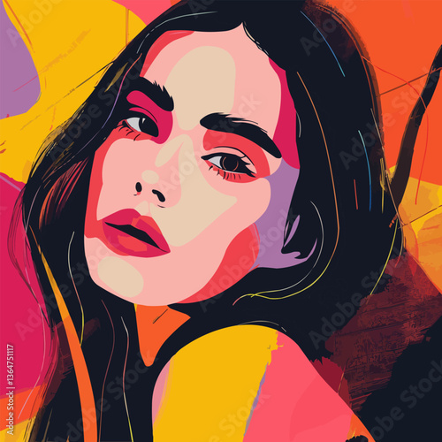 Vibrant abstract portrait of young female featuring bold colors and modern style.