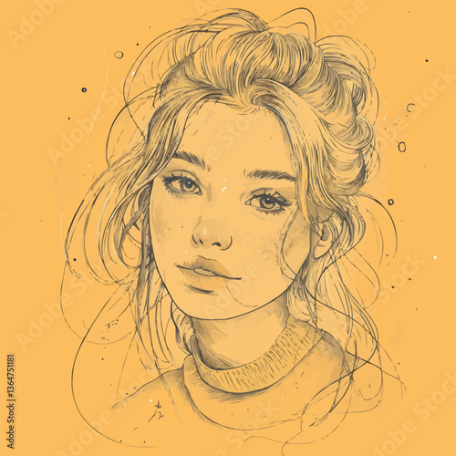 Artistic portrait of young asian female with elegant updo on yellow background.